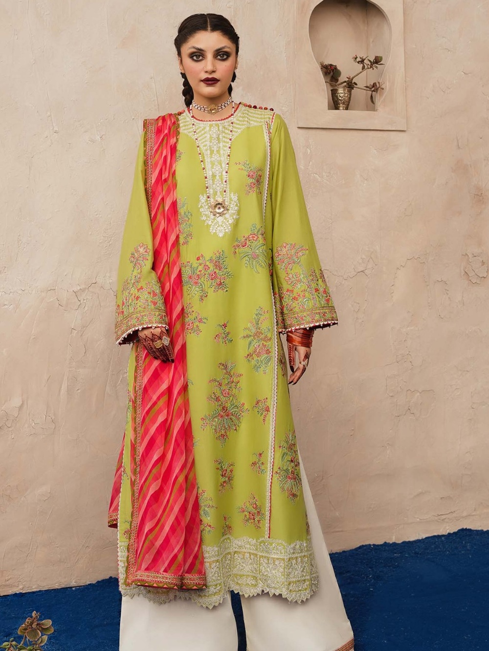 HUSSAIN REHAR Lime Green Embroidered Kurta set with lehariya chiffon dupatta